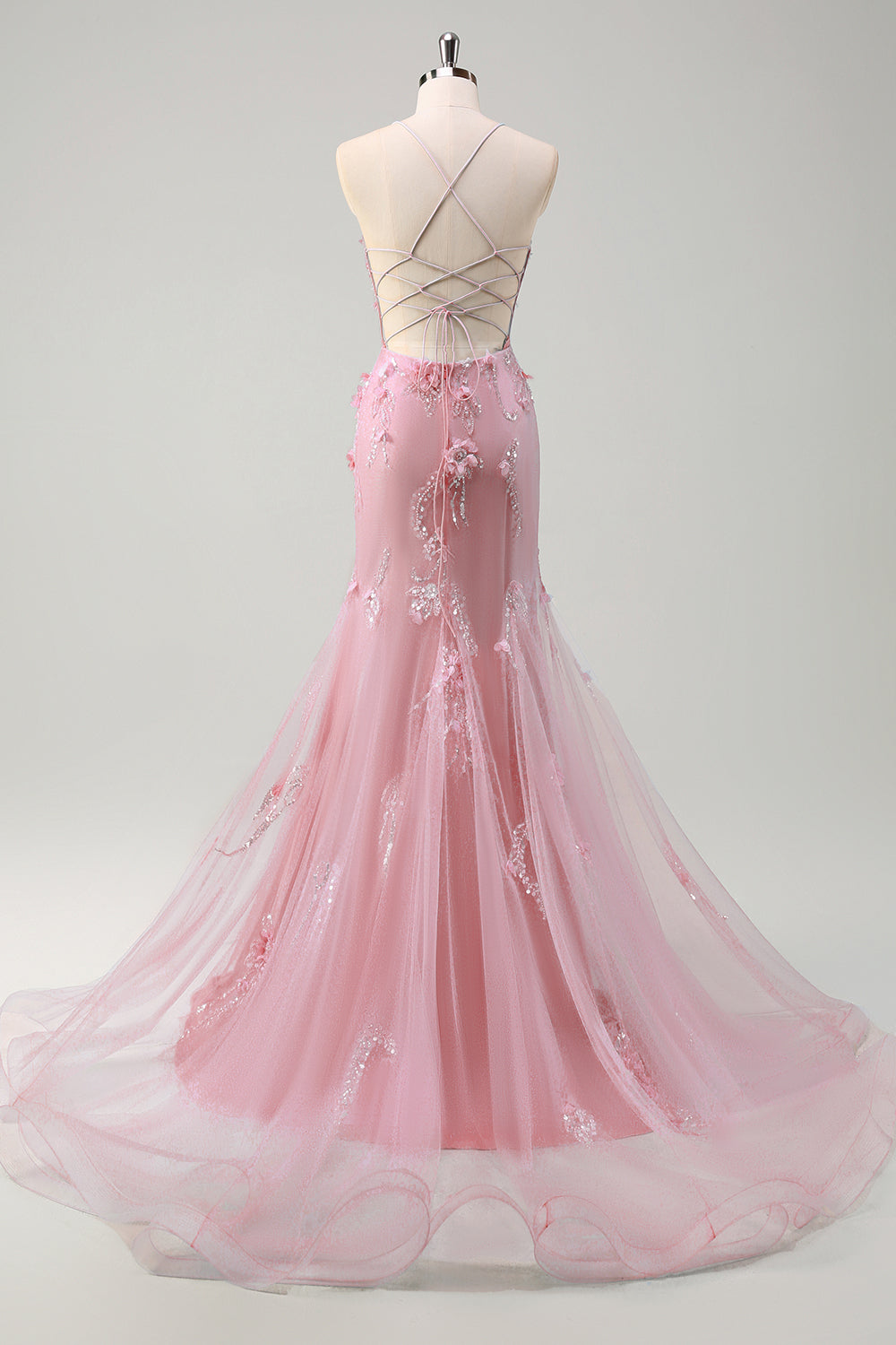 Blu sirena spaghetti spalline tulle corsetto lungo abito da ballo con fiori 3D