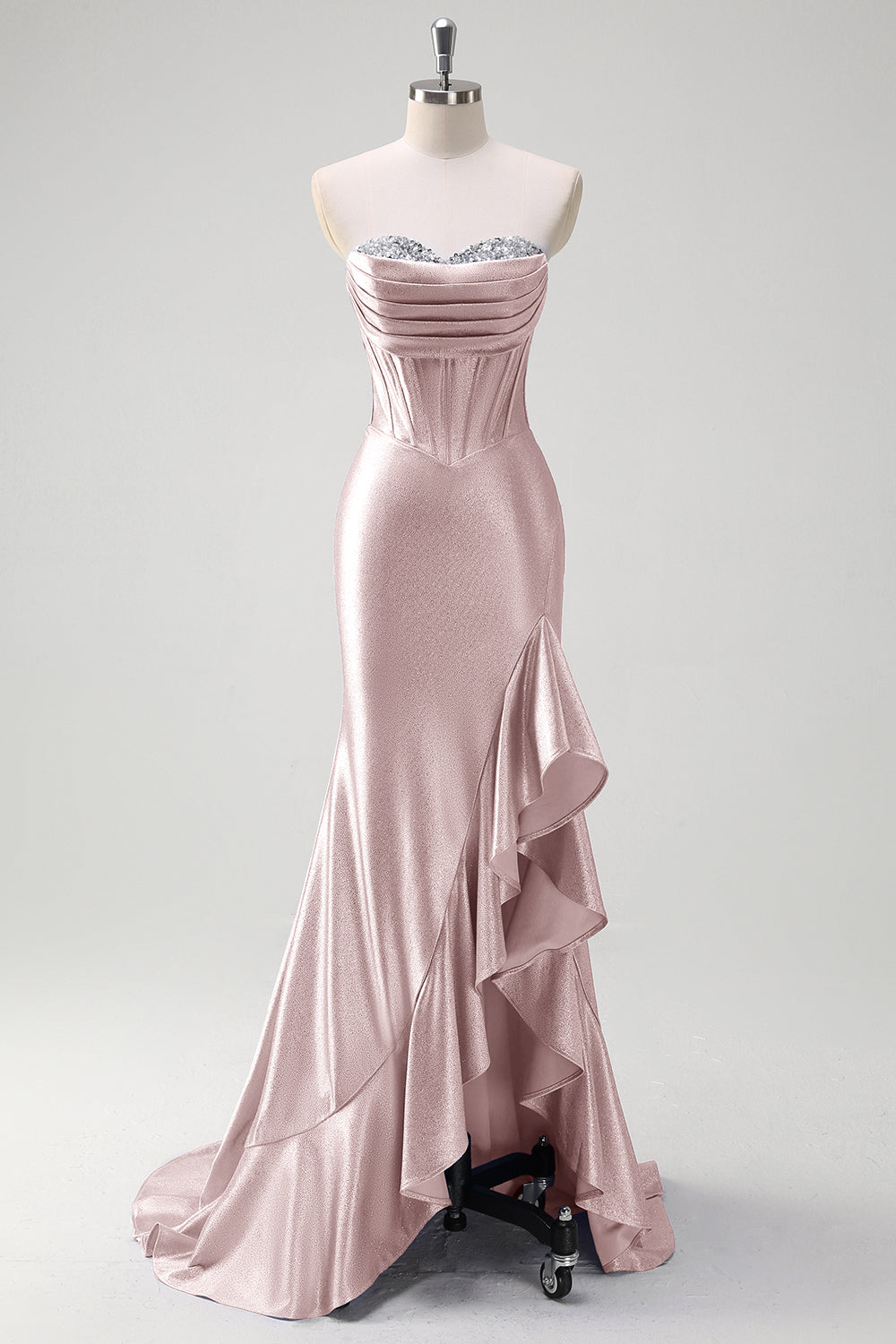 Sparkly grigio blu sirena senza spalline volant corsetto raso lungo abito da cerimonia con fessura