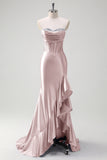 Sparkly grigio blu sirena senza spalline volant corsetto raso lungo abito da cerimonia con fessura