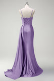 Scintillante Royal Blue Mermaid perline corsetto increspato raso lungo Abito da cerimonia con fessura