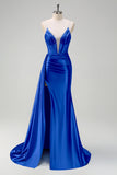 Navy Mermaid V-Neck Watteau treno corsetto perline Abito da cerimonia con fessura
