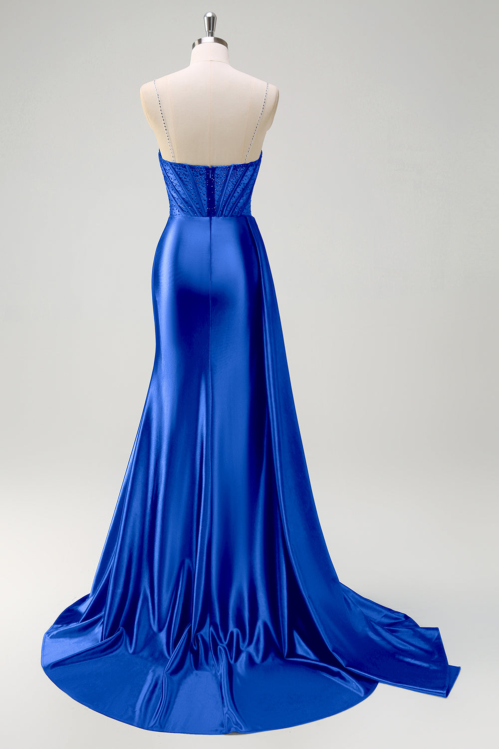 Navy Mermaid V-Neck Watteau treno corsetto perline Abito da cerimonia con fessura