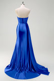 Navy Mermaid V-Neck Watteau treno corsetto perline Abito da cerimonia con fessura