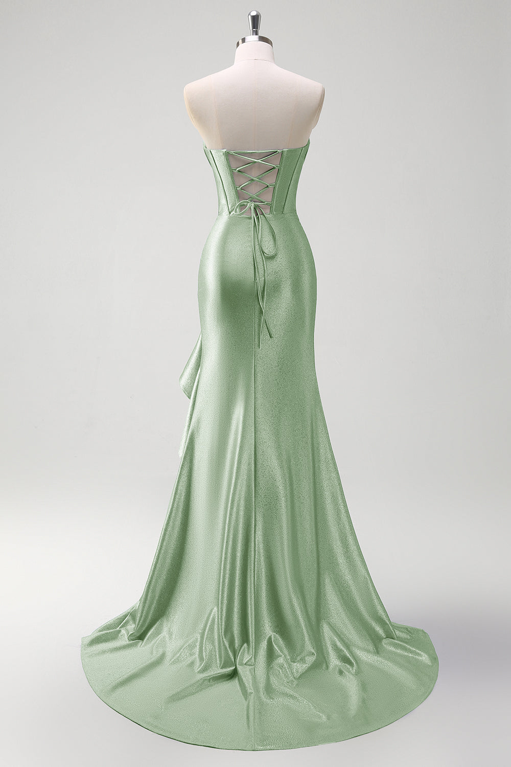 Sparkly grigio blu sirena senza spalline volant corsetto raso lungo abito da cerimonia con fessura