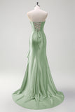 Sparkly grigio blu sirena senza spalline volant corsetto raso lungo abito da cerimonia con fessura