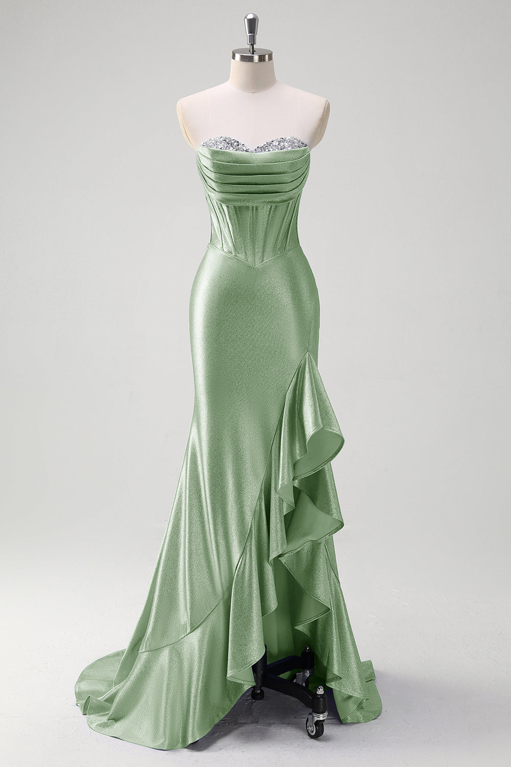 Sparkly grigio blu sirena senza spalline volant corsetto raso lungo abito da cerimonia con fessura