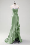 Sparkly grigio blu sirena senza spalline volant corsetto raso lungo abito da cerimonia con fessura