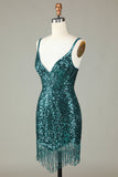 Guaina Spaghetti Straps Peacockt Blue Paillettes 1920s Dress con nappa