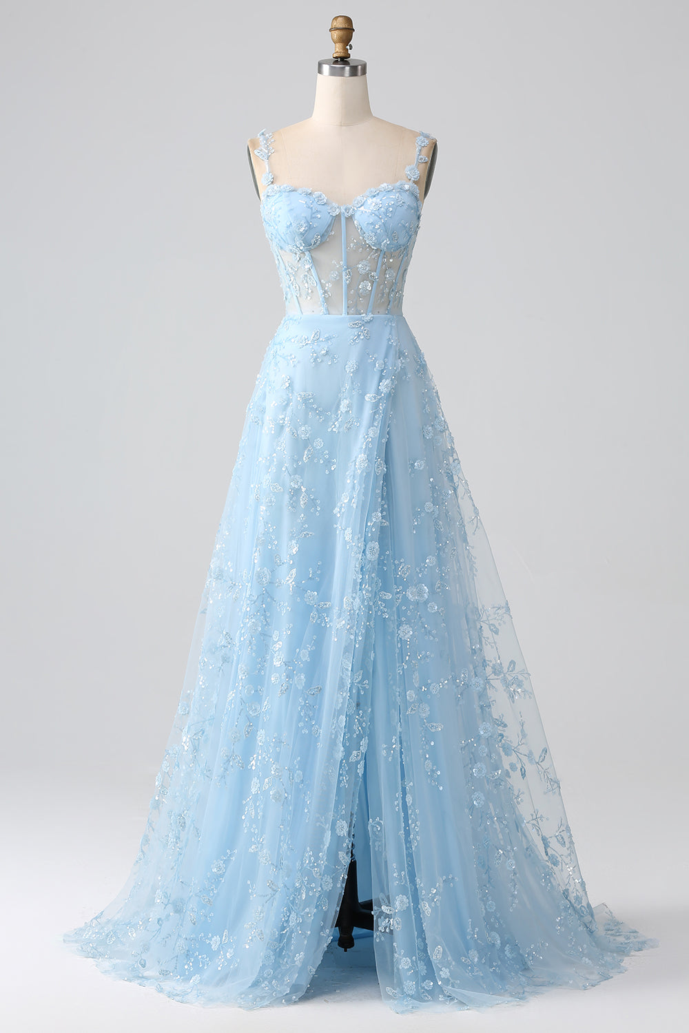 Scintillante Blush A Line Spalline sottili Paillettes Corsetto Abito da ballo Con Fessura