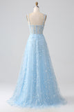 Blu Scintillante A Line Spalline sottili Paillettes Corsetto Abito da ballo Con Fessura