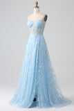 Scintillante Blush A Line Spalline sottili Paillettes Corsetto Abito da ballo Con Fessura