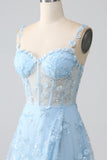 Scintillante Blush A Line Spalline sottili Paillettes Corsetto Abito da ballo Con Fessura