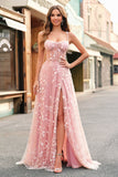 Scintillante Blush A Line Spalline sottili Paillettes Corsetto Abito da ballo Con Fessura