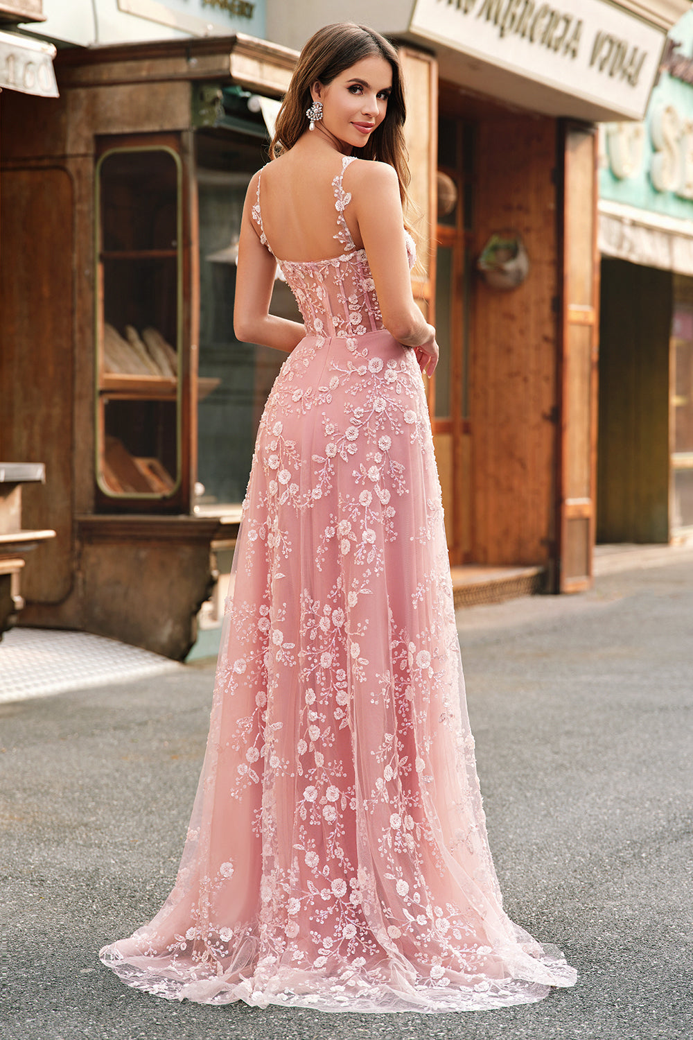 Scintillante Blush A Line Spalline sottili Paillettes Corsetto Abito da ballo Con Fessura