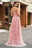 Scintillante Blush A Line Spalline sottili Paillettes Corsetto Abito da ballo Con Fessura