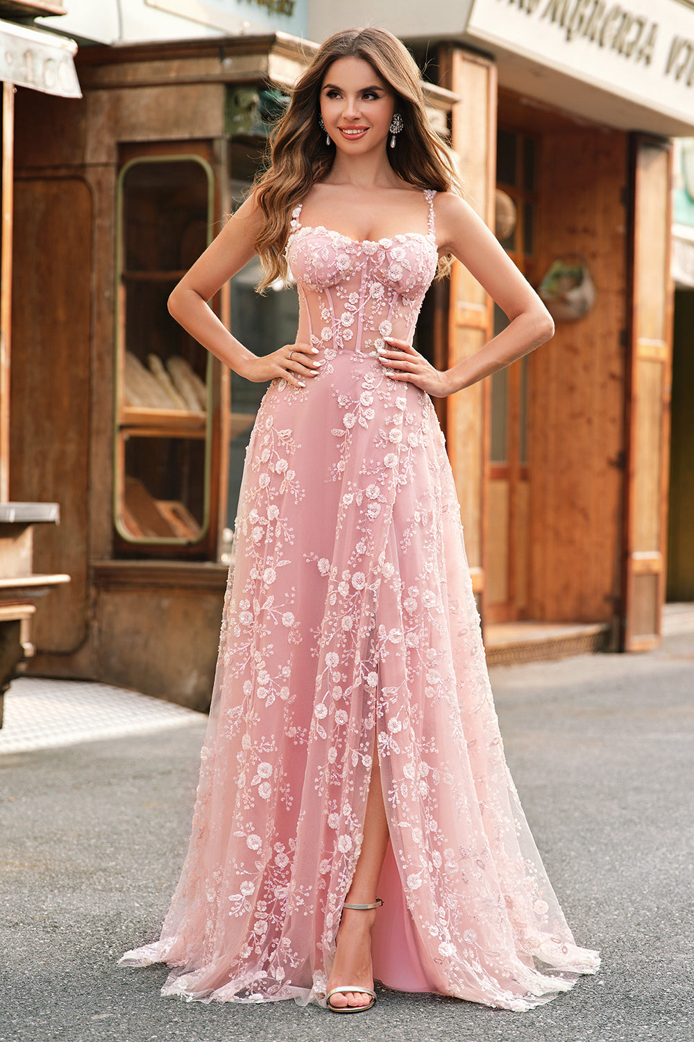 Una linea blush spaghetti straps paillettes corsetto abito da cerimonia con fessura