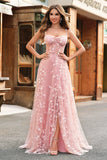 Una linea blush spaghetti straps paillettes corsetto abito da cerimonia con fessura