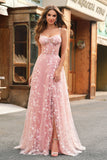 Una linea blush spaghetti straps paillettes corsetto abito da cerimonia con fessura