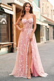 Una linea blush spaghetti straps paillettes corsetto abito da cerimonia con fessura