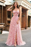 Una linea blush spaghetti straps paillettes corsetto abito da cerimonia con fessura