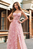 Una linea blush spaghetti straps paillettes corsetto abito da cerimonia con fessura