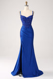 Glitter Blu Reale Spalline Sottili A Sirena Abito Lungo Da Cerimonia Con Appliques