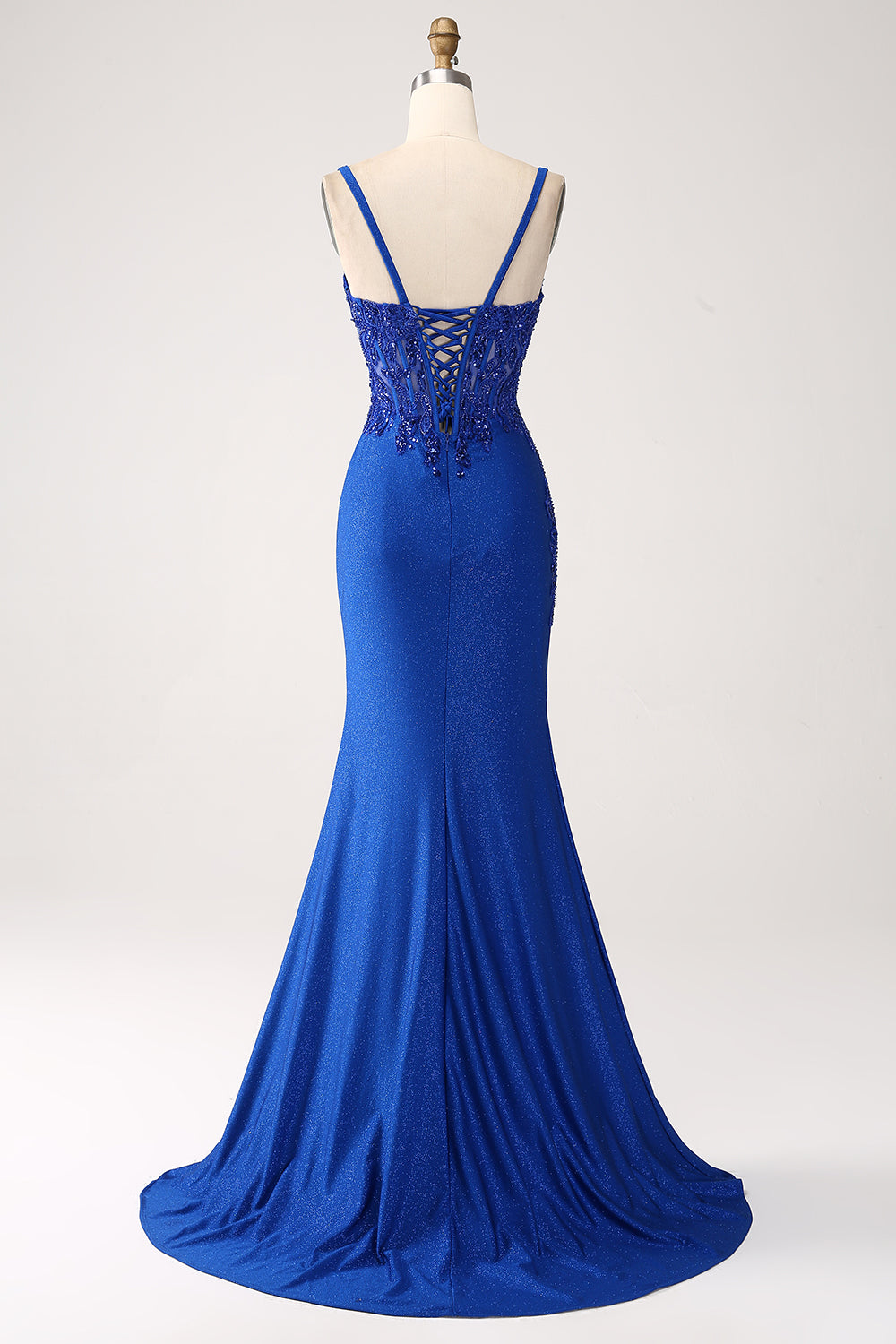 Glitter Blu Reale Spalline Sottili A Sirena Abito Lungo Da Cerimonia Con Appliques