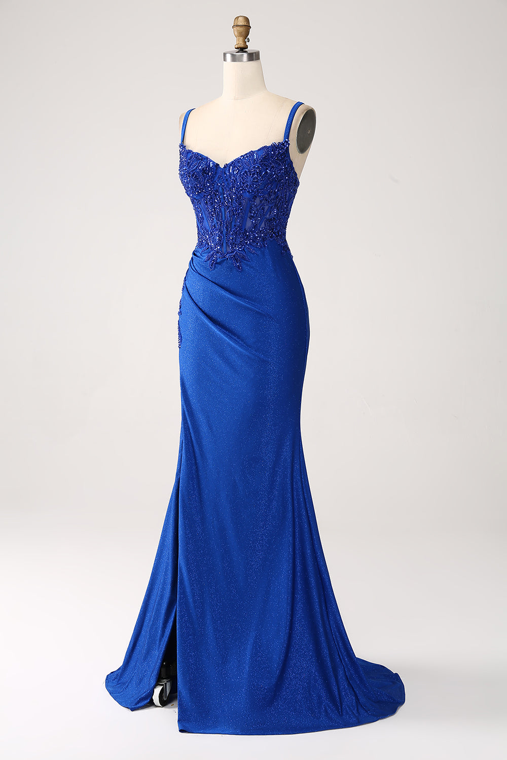 Glitter Blu Reale Spalline Sottili A Sirena Abito Lungo Da Cerimonia Con Appliques
