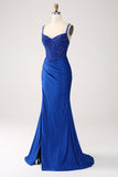Glitter Blu Reale Spalline Sottili A Sirena Abito Lungo Da Cerimonia Con Appliques