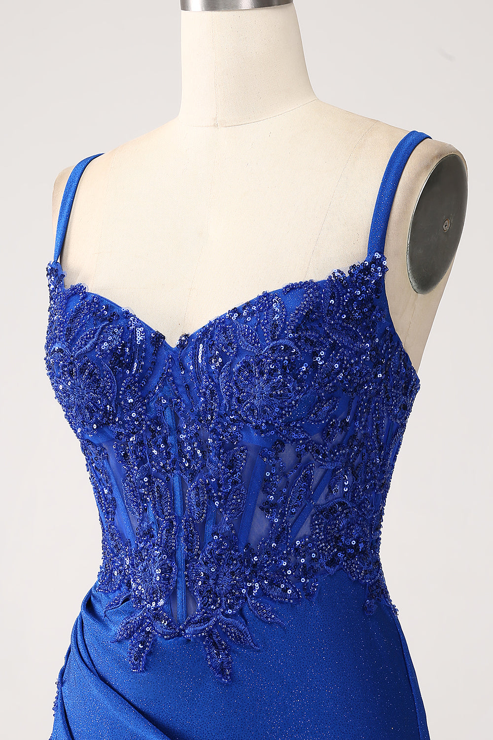 Glitter Blu Reale Spalline Sottili A Sirena Abito Lungo Da Cerimonia Con Appliques
