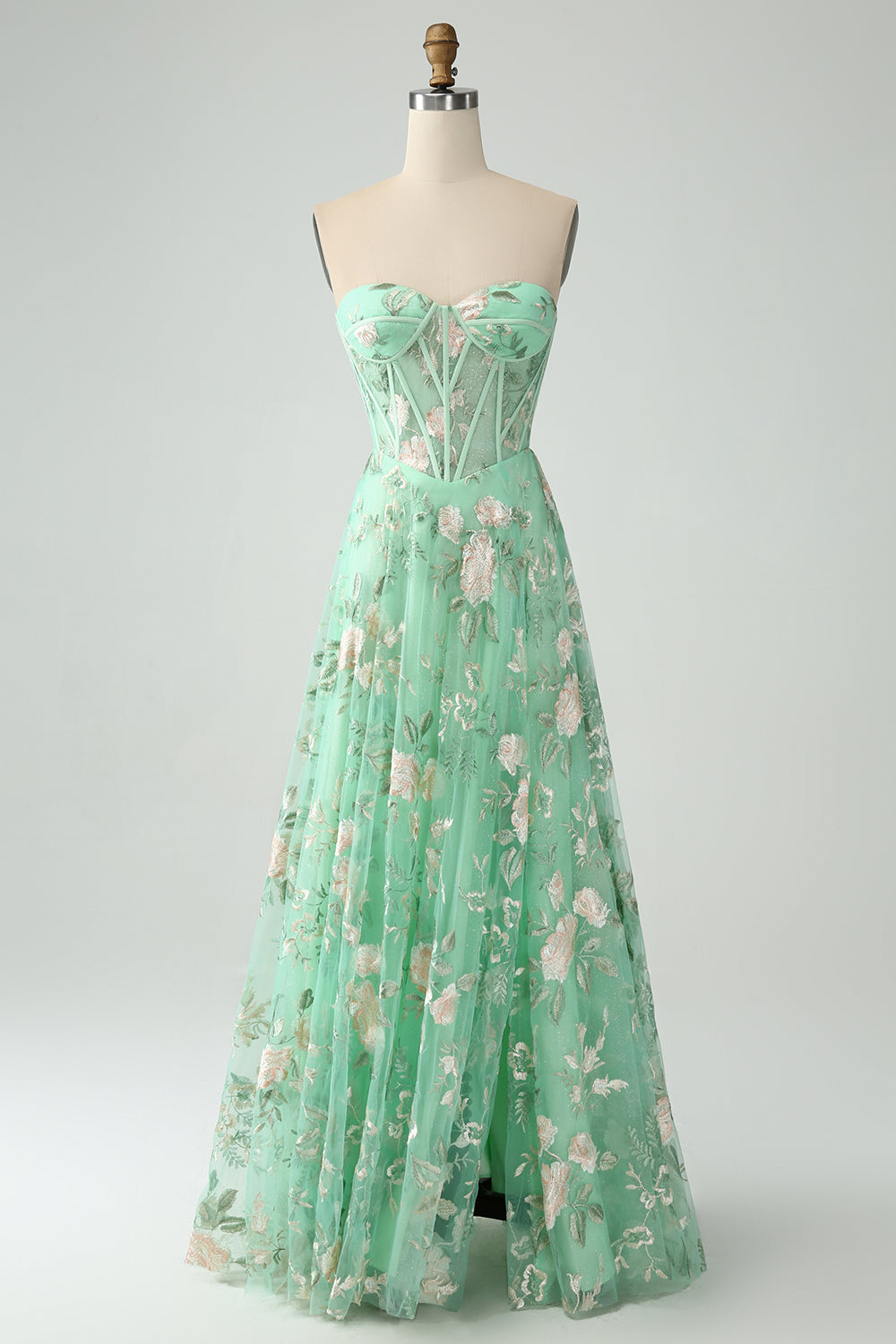 Verde A Line Senza Spalline Stampato Corsetto Abito Da Cerimonia Con Fessura