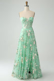 Verde A Line Senza Spalline Stampato Corsetto Abito Da Cerimonia Con Fessura