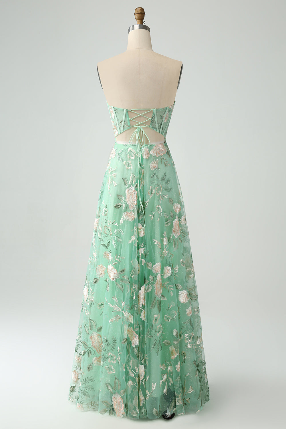 Verde A Line Senza Spalline Stampato Corsetto Abito Da Cerimonia Con Fessura