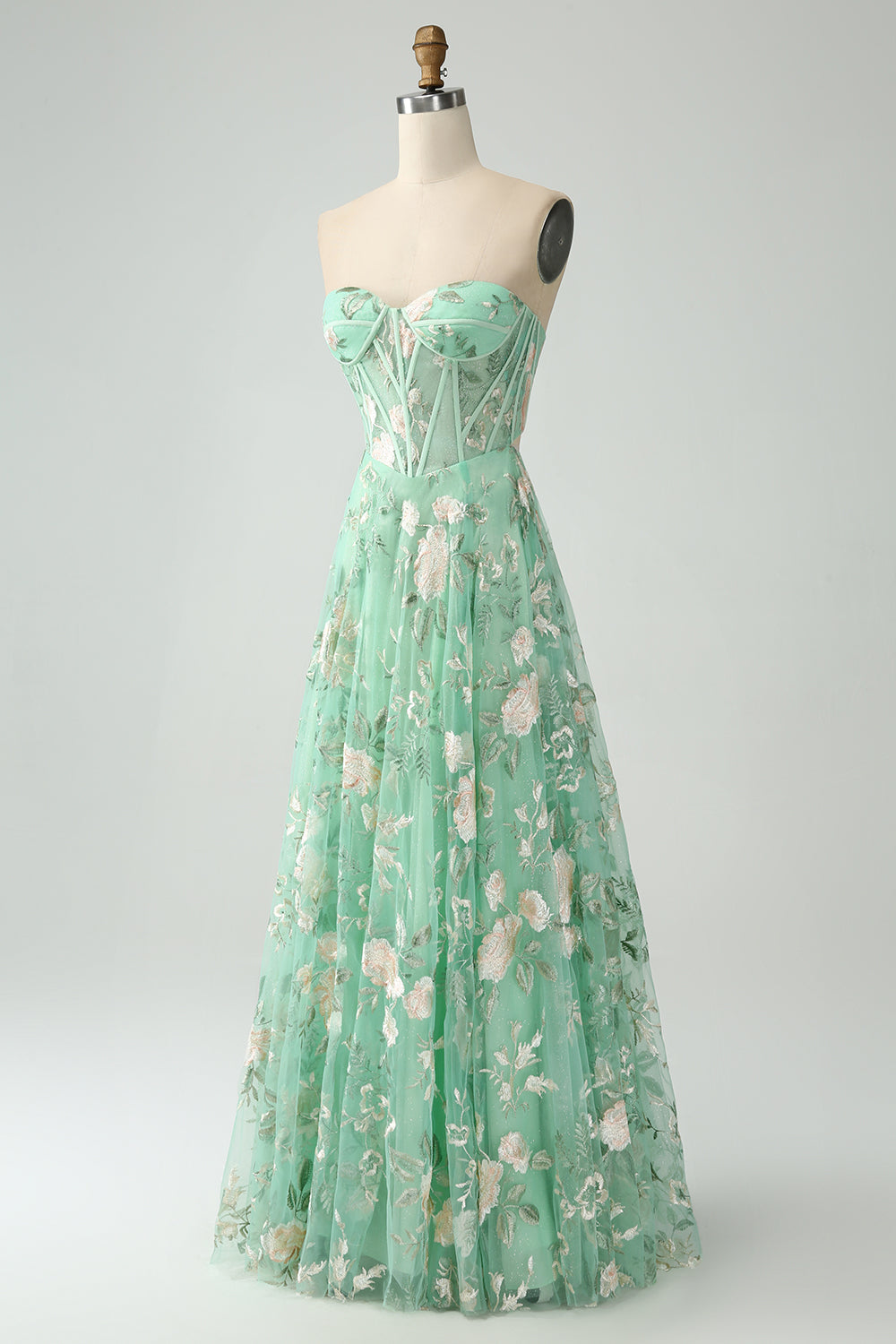 Verde A Line Senza Spalline Stampato Corsetto Abito Da Cerimonia Con Fessura