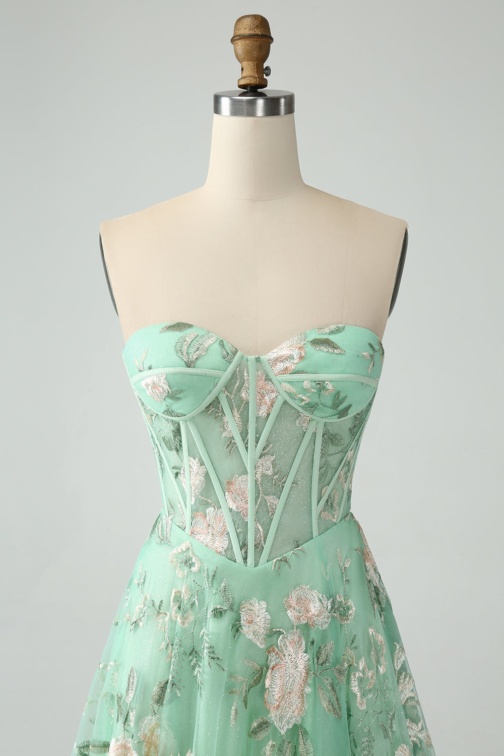 Verde A Line Senza Spalline Stampato Corsetto Abito Da Cerimonia Con Fessura