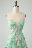 Verde A Line Senza Spalline Stampato Corsetto Abito Da Cerimonia Con Fessura