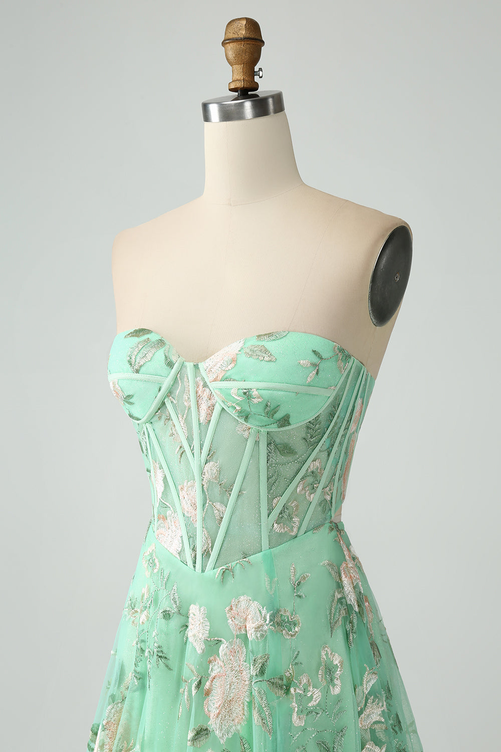 Verde A Line Senza Spalline Stampato Corsetto Abito Da Cerimonia Con Fessura