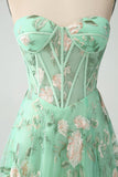 Verde A Line Senza Spalline Stampato Corsetto Abito Da Cerimonia Con Fessura