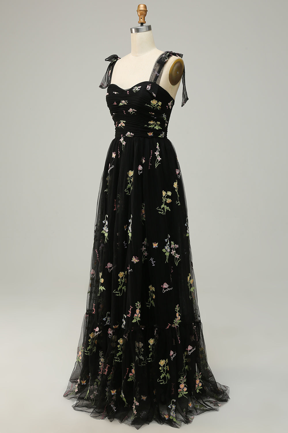 Abito da cerimonia lungo champagne linea a tulle spalline sottili con ricamo