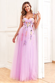 Abito da cerimonia lungo con spalline in tulle viola con fiori 3D