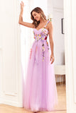 Abito da cerimonia lungo con spalline in tulle viola con fiori 3D