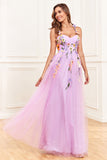 Abito da cerimonia lungo con spalline in tulle viola con fiori 3D