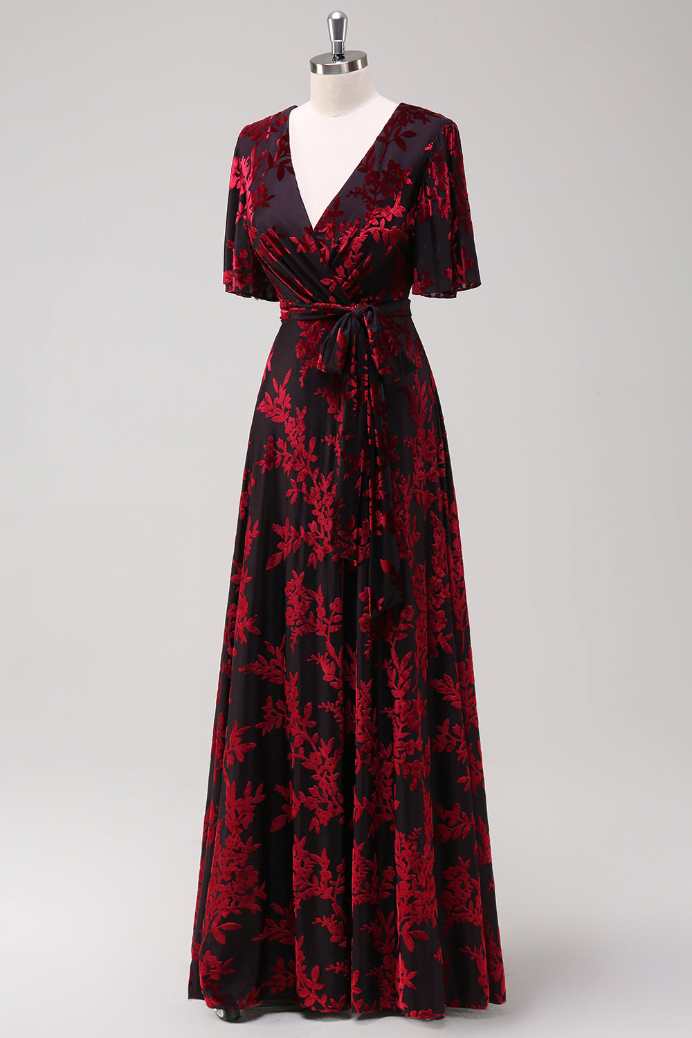 Abito lungo da ballo in velluto burnout verde scuro con maniche corte