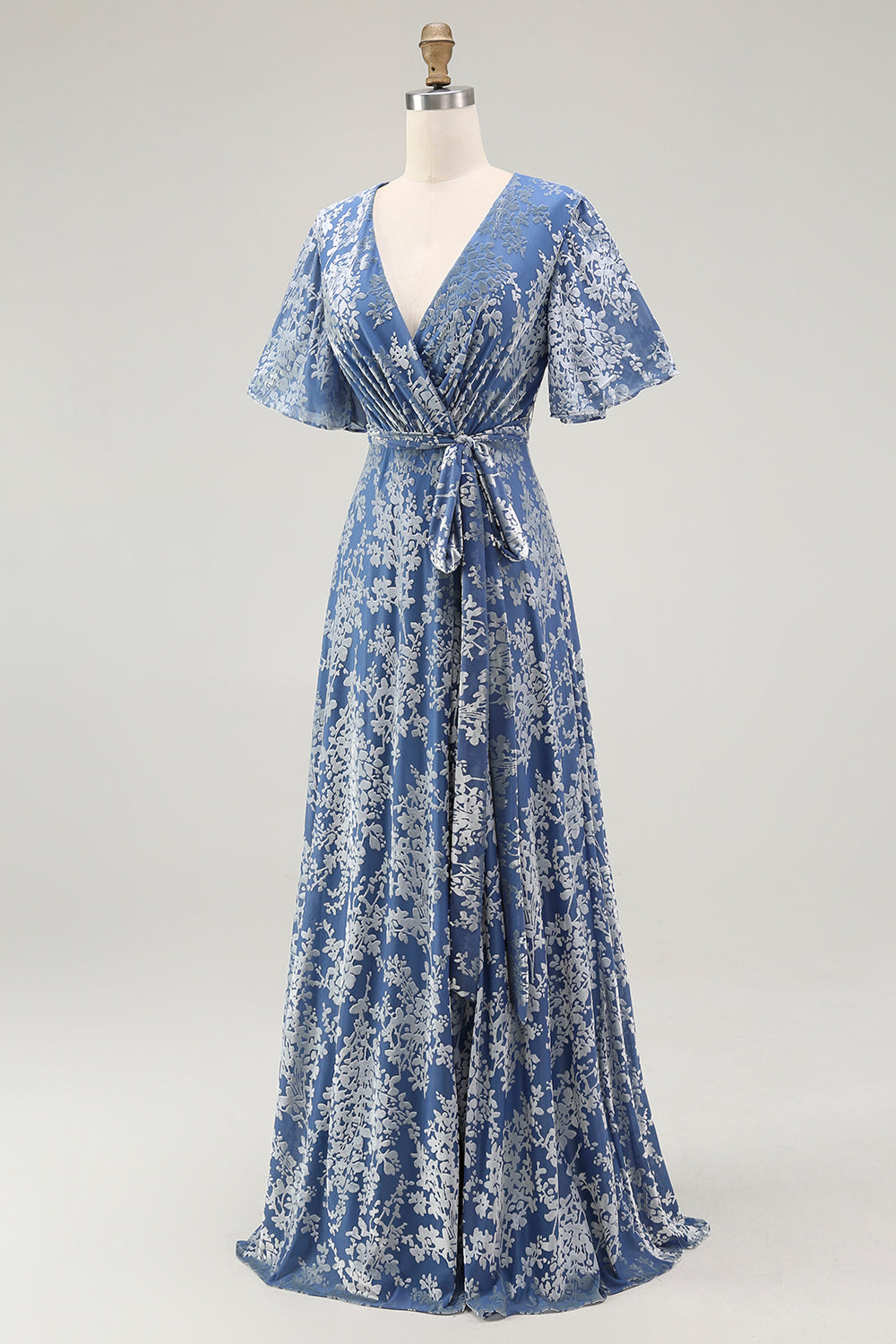 Abito lungo da ballo in velluto burnout verde scuro con maniche corte