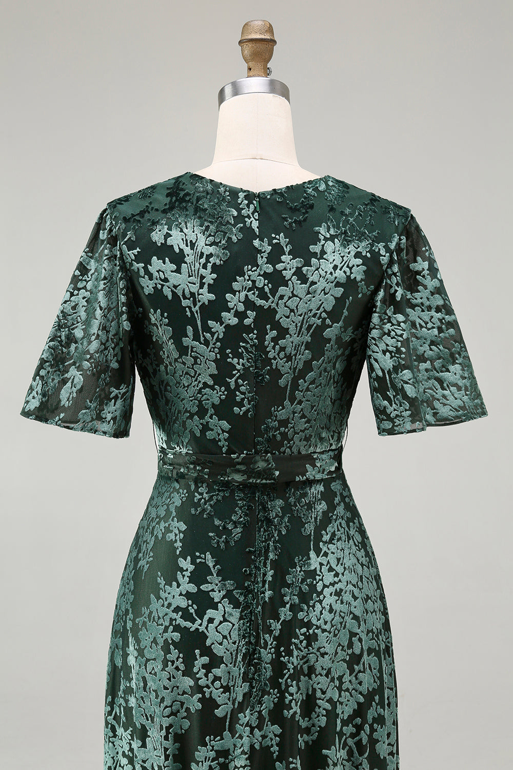 Abito lungo da ballo in velluto burnout verde scuro con maniche corte