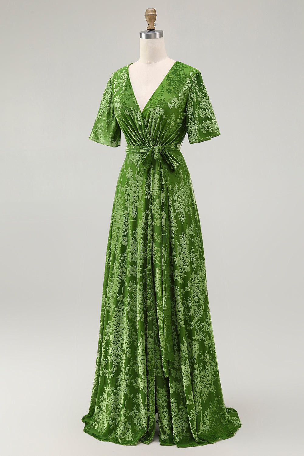 Abito lungo da ballo in velluto burnout verde scuro con maniche corte