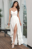 Semplice abito da festa di fidanzamento corsetto in chiffon bianco arruffato con fessura