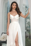 Semplice abito da festa di fidanzamento corsetto in chiffon bianco arruffato con fessura