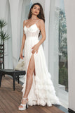 Semplice abito da festa di fidanzamento corsetto in chiffon bianco arruffato con fessura
