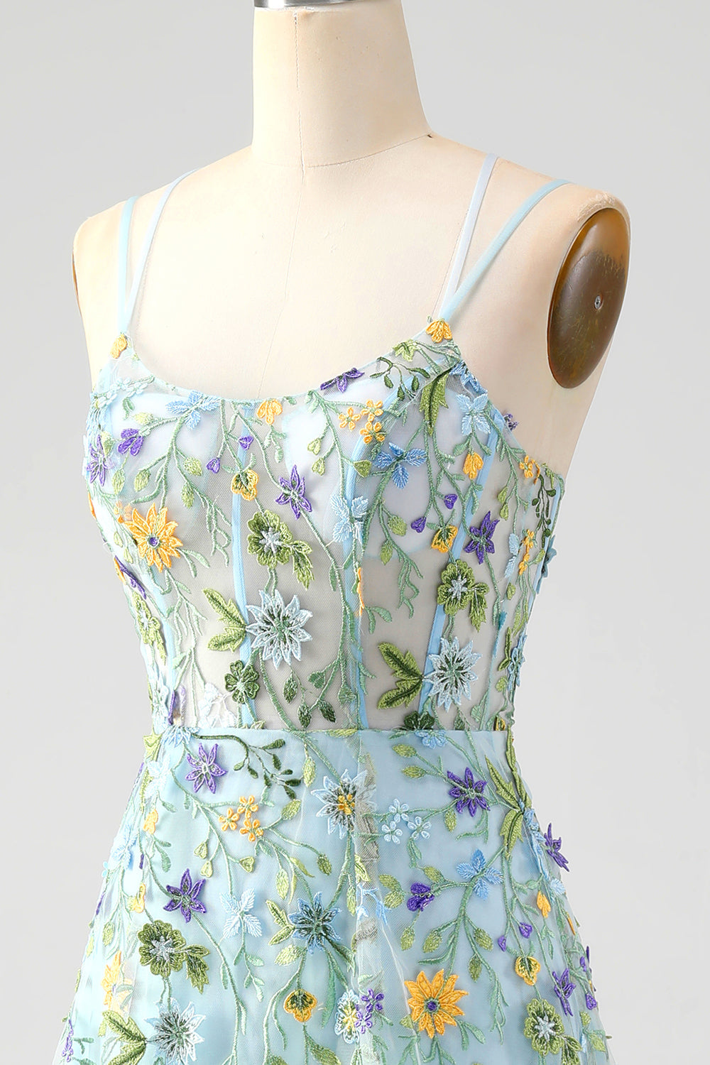 Fiore blu una linea di spaghetti spalline corsetto ricamato Abito da cerimonia con fessura
